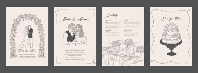 Collection of Wedding Invitation Hand drawn sketch Minimalistic Vector Illustration background template of floral garland table setting and swan cake