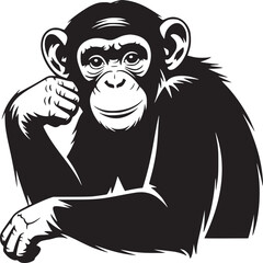 A black and white graphic illustration of a chimpanzee resting its head on its hand looking forward