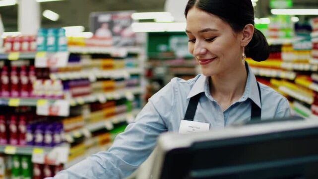 Smiling supermarket cashier scanning items at checkout counter with shelves of products in background