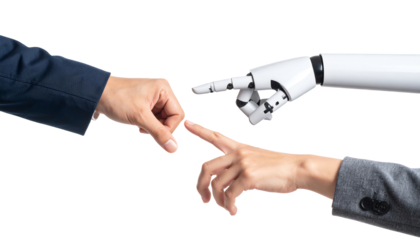 Human and robot hands connecting in harmony.