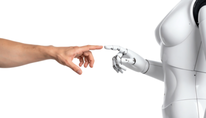 Human and robot touch symbolizes connection.