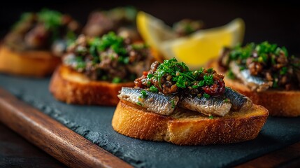 Close-up of salmon nigiri on black serving tray