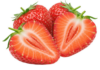 Two whole strawberries and one half isolated on transparent background