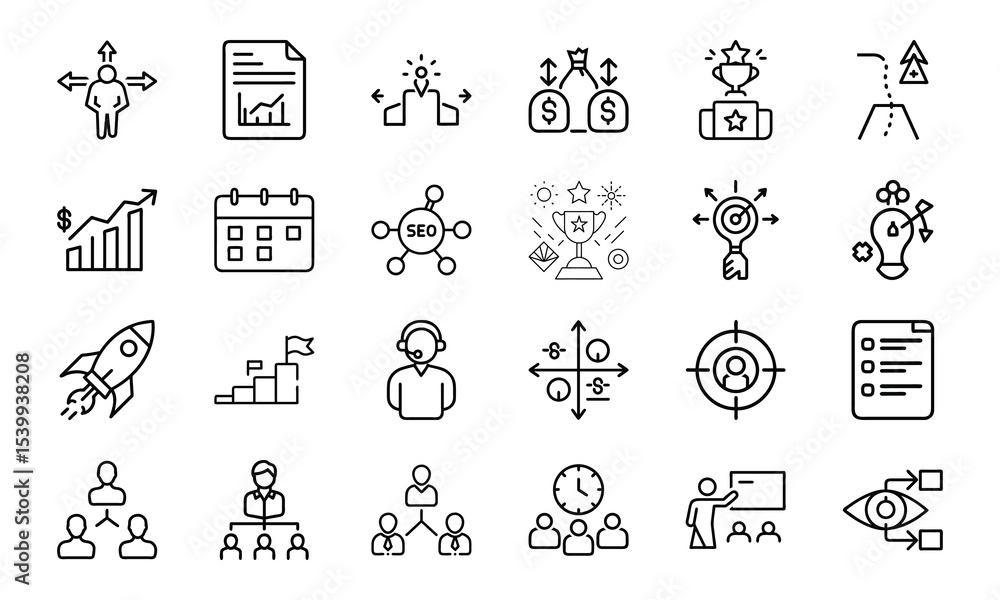 Poster a comprehensive set of business and management icons depicting strategies and concepts in a clean st