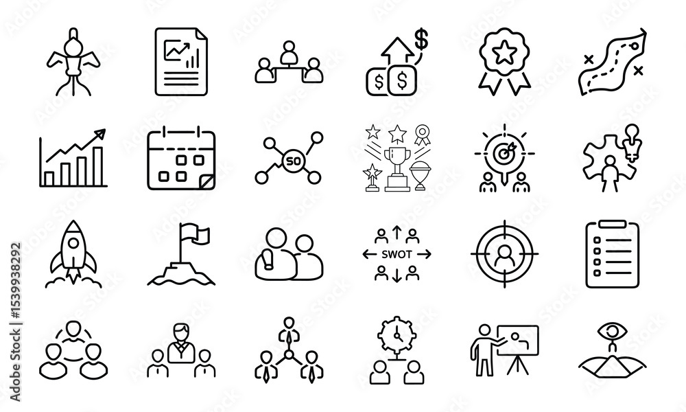 Poster collection of line icons representing business strategy planning and development a comprehensive set