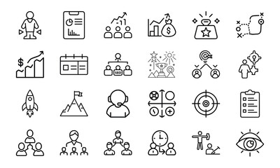 Business and strategy icons set depicting goals planning and teamwork concepts in a minimalist style