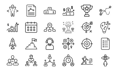 Fototapeta premium A comprehensive black and white set of business icons for concepts like strategy success and planning