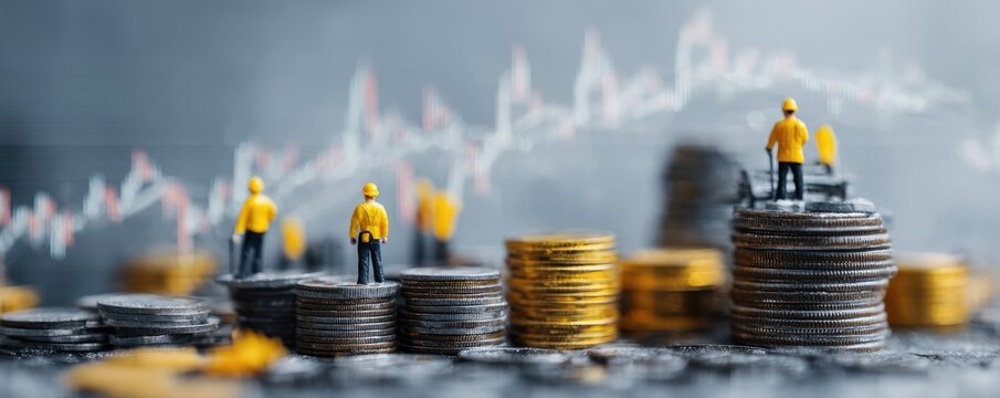 Miniature workers on stacks of coins against a blurred stock market graph background