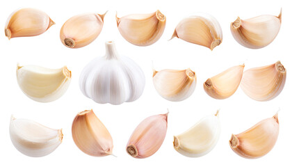 Garlic cloves arranged on a white background.