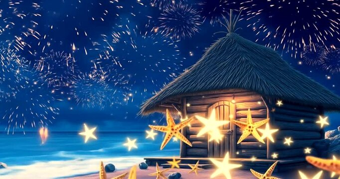 Seaside wooden hut with starfish particles and wave-shaped fireworks