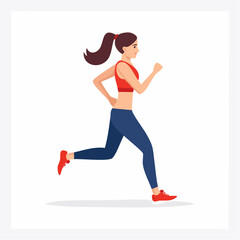 Flat vector design of a woman jogging in side view, sporty outfit, clean and minimal background