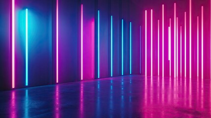 Neon lights illuminate a modern space.