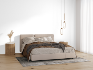 Scandinavian Bedroom PNG – King Bed with Hanging Pendant Lights and Rattan Nightstands– Transparent Wall Mockup with Realistic Shadows – 3D render