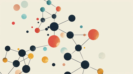 Minimalist molecular structure soft shadows, clean design copy space thin precise uniform lines scientific geometry vintage 1960s colorful retro mid century modern science textbook illustration