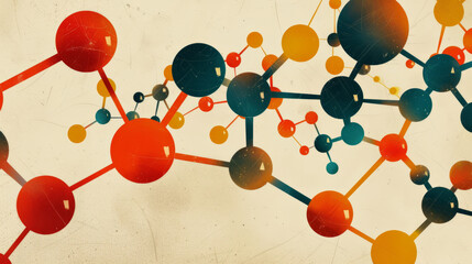 Minimalist 3D molecular structure soft shadows, clean design copy space thin precise futuristic lines scientific geometry vintage colorful retro mid century modern science textbook illustration