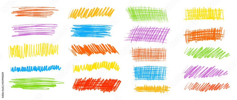 Poster colorful scribble textures and crosshatch strokes set on transparent background. great for highlight