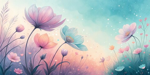 Dreamy floral landscape illustration with pastel flowers in a watercolor style on a soft background with copy space
