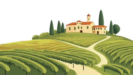 An illustration depicting a picturesque Tuscan landscape. The image features a yellow villa with a red roof nestled on a hilltop amidst rows of green grape vines. Several tall cypress trees flank