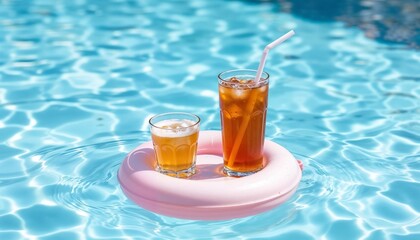Refreshing drinks on a floating ring in a swimming pool, summer vibes and relaxation
