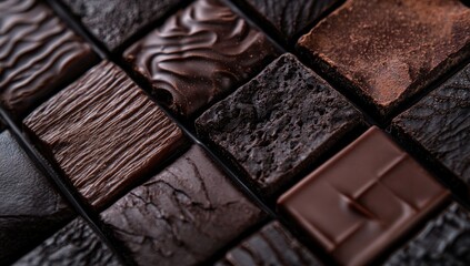 Close-up view of many dark chocolate squares, various textures