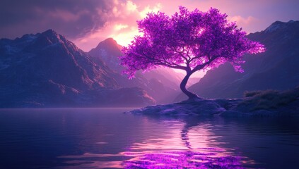 Pink tree by lake, mountains at sunrise