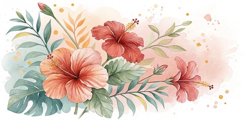 Tropical hibiscus floral arrangement with vibrant colors in a watercolor style on a bright background with copy space