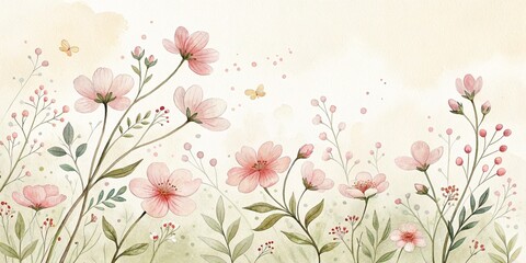 Charming floral meadow illustration with delicate flowers and butterflies in a watercolor style on a soft background
