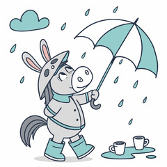 Whimsical Horse feeling Mischievous in a Rainy day setting with wearing bunny slippers – colored in Raindrop Calm