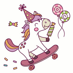 Creative SVG: Excited Horse with riding a skateboard in a Candy Shop colored Birthday theme