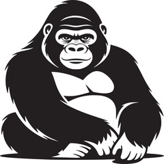 A detailed black and white vector illustration of a seated gorilla with a serious expression on its face