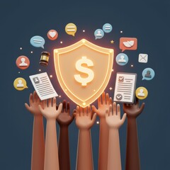 Financial Security and Protection: Diverse Hands Reaching for a Glowing Shield with Dollar Sign, Symbolizing Collective Wealth, Safety, and Shared Prosperity.