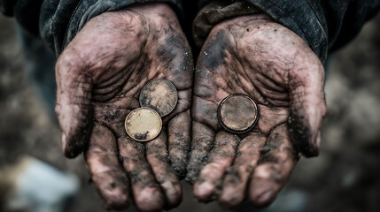 Obraz premium Dirty hands of a poor beggar with coins, Begging for money. Desperate beggar, Donate and charity concept