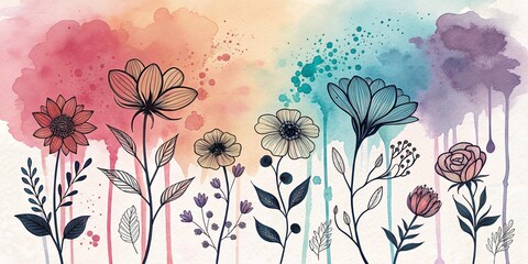 Whimsical floral illustration with bold outlines and watercolor splashes in vibrant colors on a white background