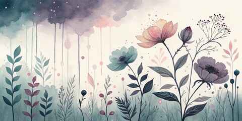 Mystical floral landscape with soft flowers and foliage in a watercolor style against a dreamy background with copy space