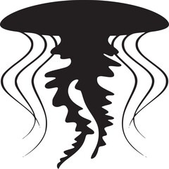 A black silhouette illustration of a jellyfish with long tentacles on a white background simple design