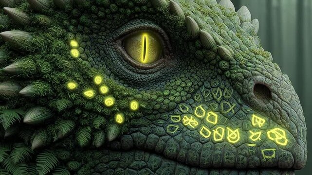 Detailed closeup shot of a mysterious green scaled dragon with glowing eye and markings