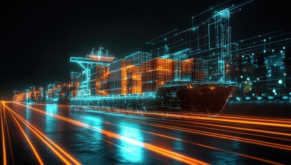 Futuristic cargo ship, digital lines, glowing, highway, night