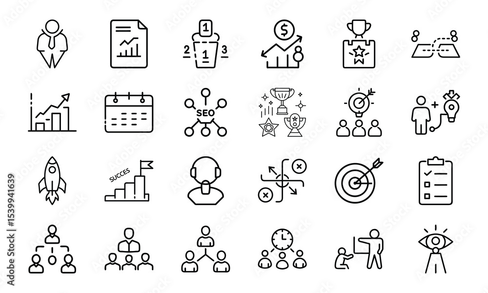 Poster a comprehensive set of business and management concept icons in minimalist outline style