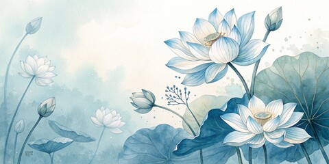 Graceful lotus flowers in a watercolor style with soft blue tones on a tranquil background with copy space
