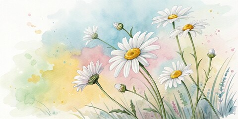 Cheerful daisy flowers in a watercolor style with soft pastel colors on a light background with copy space
