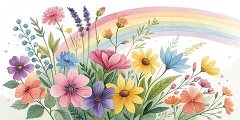Bright and colorful floral arrangement with a rainbow in a watercolor style on a white background with copy space
