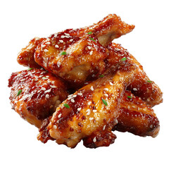 A pile of glazed chicken wings with sesame seeds on a black background close up isolated on transparent background