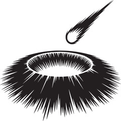 Black and white illustration of a meteor approaching a crater on a white background in vector format