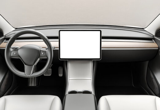 Minimalist car interior with clean dashboard, large touchscreen display, modern steering wheel, and light upholstery, creating sleek and futuristic atmosphere for comfortable driving