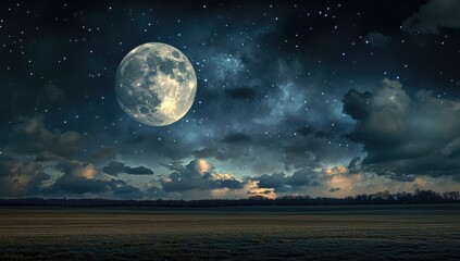 Vast field under a luminous moonlit sky