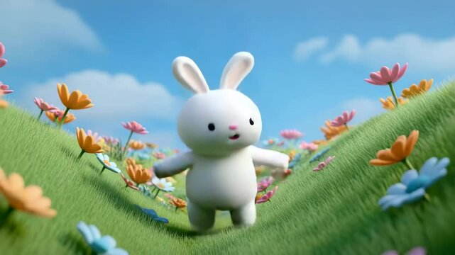 Animated white rabbit among colorful flowers in a grassy field