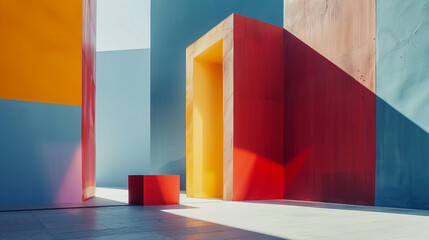 MCM mid century modern art geometric blocks minimalist background with interior design doorway copy space, wall art mockup bold color light long shadows, asymmetric layout dynamic pop art gallery