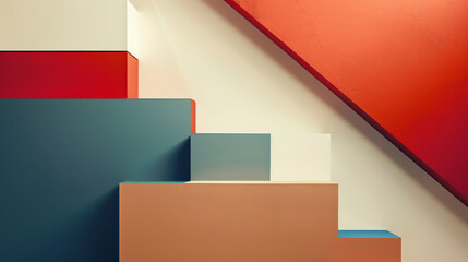 MCM mid century modern art geometric blocks minimalist background interior design stairs copy space, wall art room mockup bold color light cubes triangles asymmetric layout dynamic pop art gallery