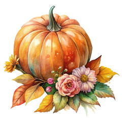 Pumpkin with floral arrangement isolated on transparent background