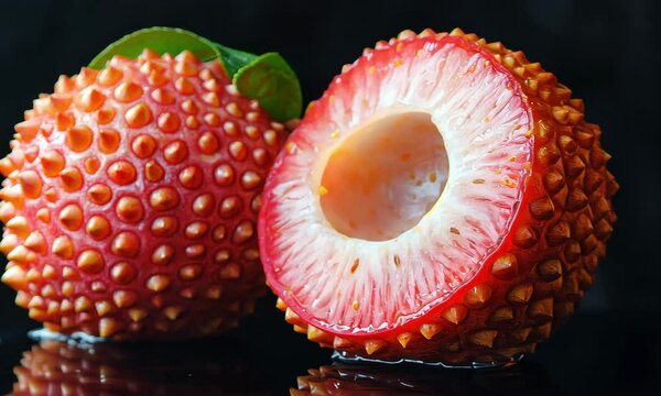 Close-up of a gac fruit, one half cut open to reveal its seed and bright red-orange flesh, highlighting its exotic texture and vivid color.
